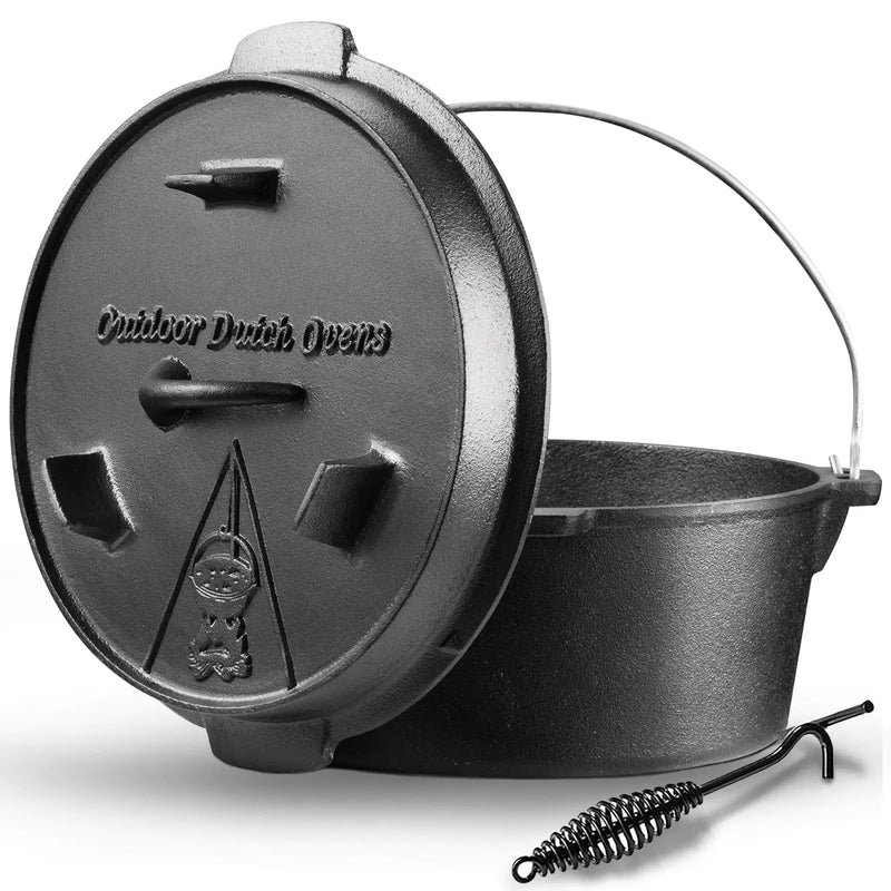 Camping Dutch Oven 9 Qt Pre-Seasoned Camping Cookware Pot With Lid - Lid Lifter Cast Iron Deep Pot with Metal Handle for Camping Cooking BBQ Baking Campfire Modern Black