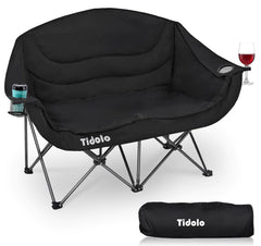 Tidolo Double Camping Chair2 Person Black Camping Chair for AdultOversized Padded Folding Loveseat Camping ChairHeavy Duty Lawn Chair Outside Camping Couch with Cup Wine Glass Holder Support 600LBS