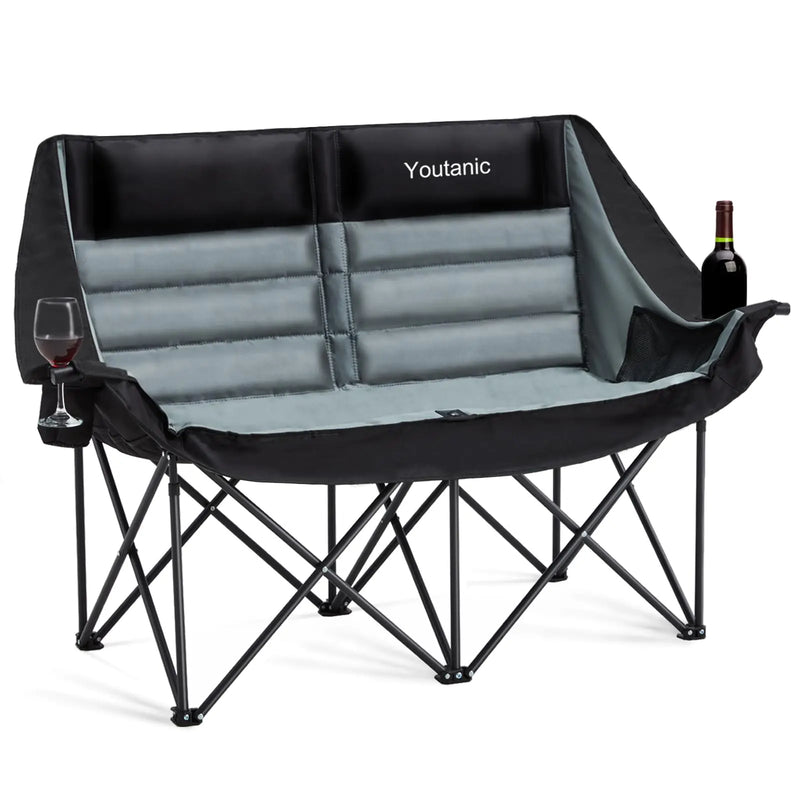 Youtanic Oversized Camping Chair Double Folding Loveseat Camping Couch with Pocket Cup Holder and Carry Bag Heavy Duty Portable Camping Chairs for Adults Fishing Sports Trip up to 660lbs Black