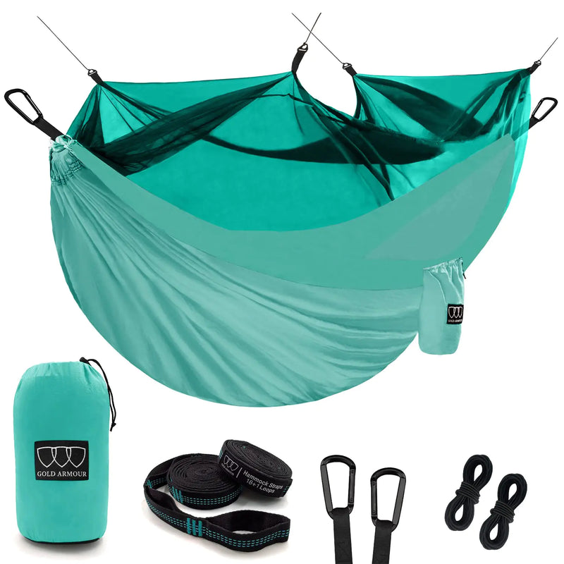 Gold Armour Camping Hammock - Camping Essentials Double Hammock with Bug Net Camping Gear Hammock for Outside Hiking and Travel (Seafoam)