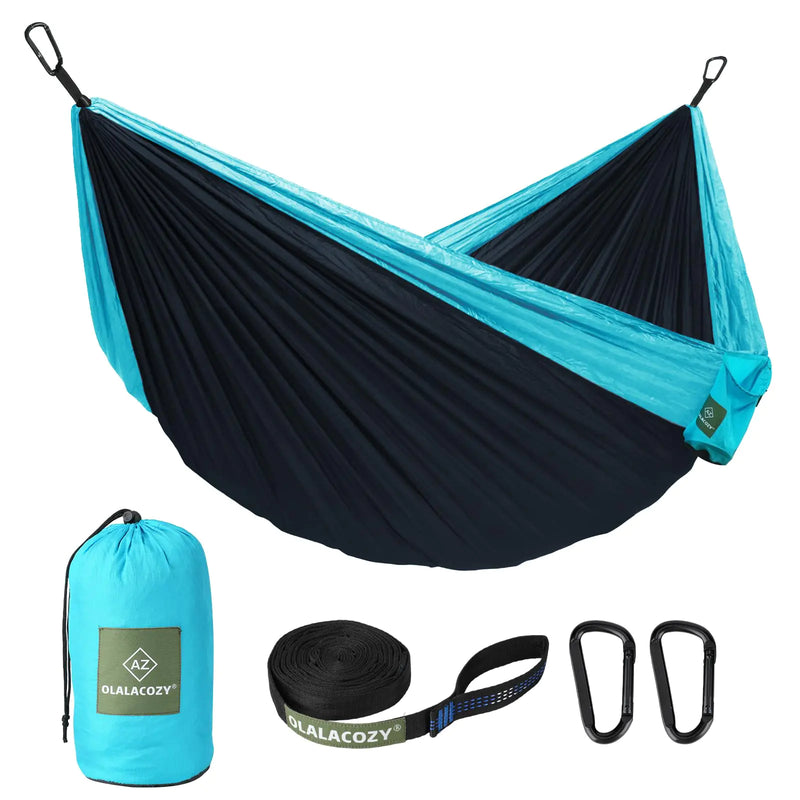 OLALACOZY Camping HammockCamping EssentialsLightweight Portable Double & Single Hammock with Tree Straps Camping Gear for Outside Hiking Camping Beach Backpack Travel Blue & Light Black Medium