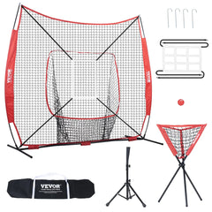 VEVOR 7x7 ft Baseball Softball Practice Net Portable Baseball Training Net for Hitting Catching Pitching Backstop Baseball Equipment with Bow Frame Carry Bag Strike Zone Ball Tee Ball Collector