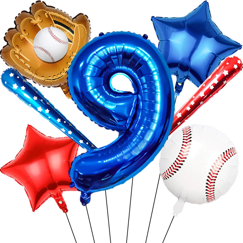 Baseball Balloons 9th Birthday Decorations for Boys Baseball Party Decoration Baseball Sports Theme Party Supplies 40 inch Foil Number Balloons Number 9 Balloon Blue Red White Sports Balloon Kits