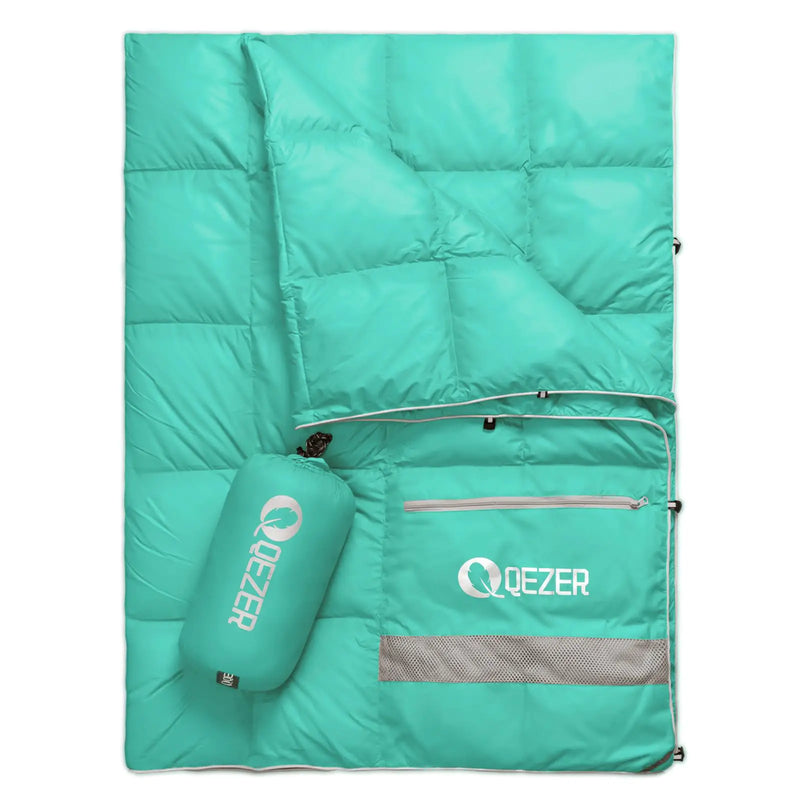 QEZER Down Camping Blanket Packable600+Fill Power，Multi-Purpose Warm Camping Quilt for Outdoor Camping Backpacking and Hiking 73x53 inches.（Light Green）