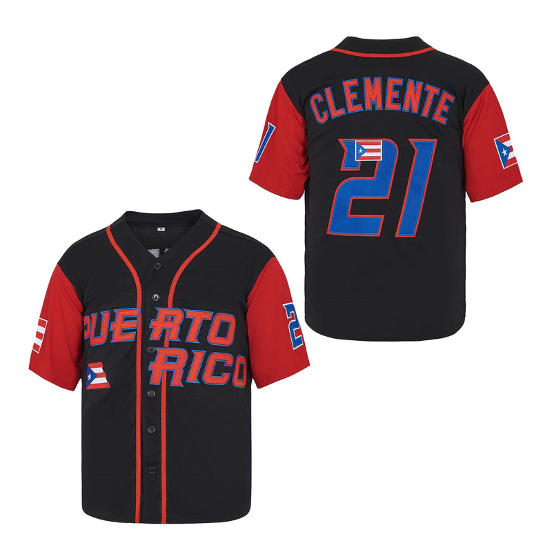 Youth #21 Roberto Clemente Baseball Jersey Puerto Rico World Game Classic Kid Baseball Shirt Stitched Black Size L